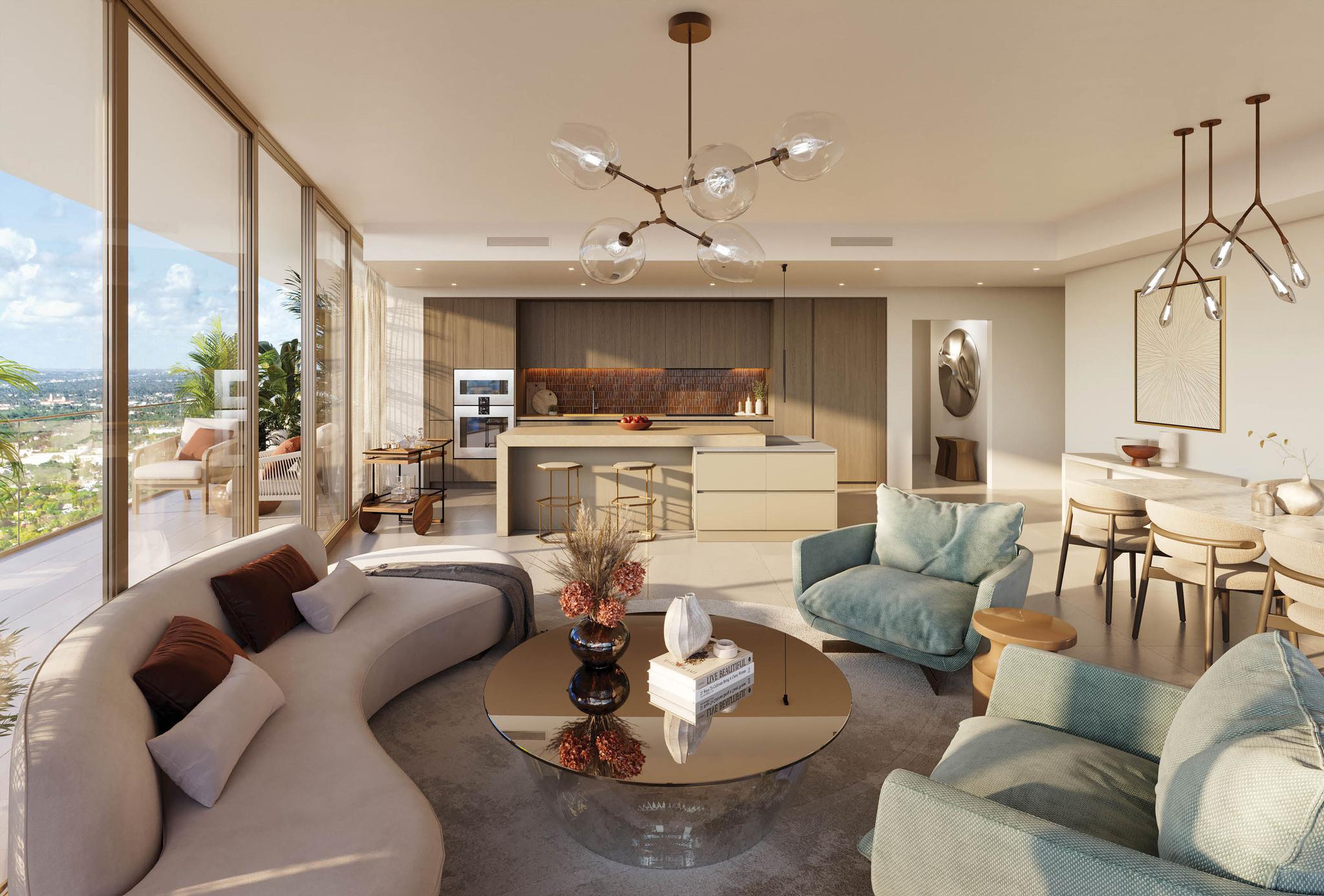 Jean-Georges Miami Tropic Residences living room interior facing kitchen